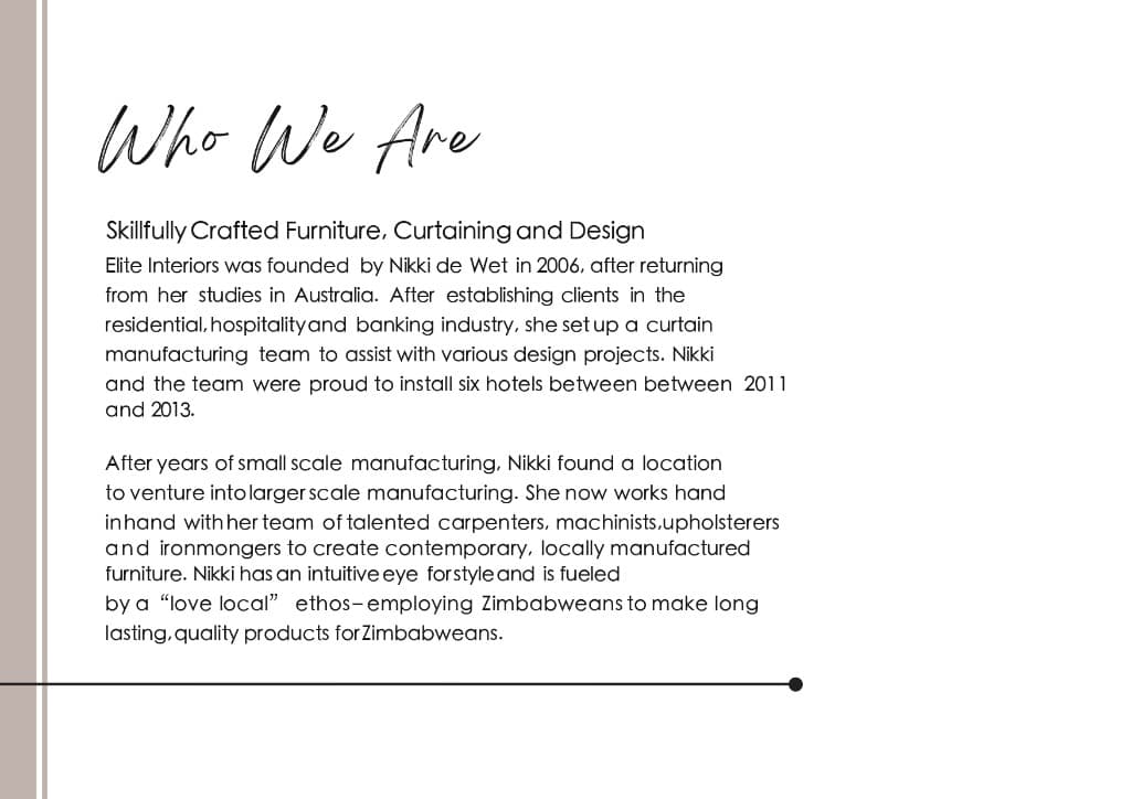 Who We Are editorial spread from the Elite Interiors catalogue.